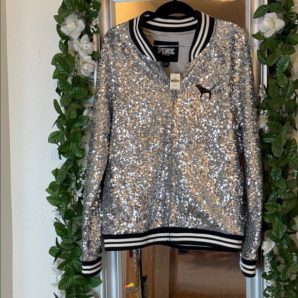 PINK Victoria's Secret SZ L Silver Sequin Jacket NWT - Picture 1 of 5